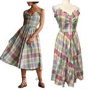 Polo Ralph Lauren Dress Women 12 Madras Plaid Ruffle Sweetheart Midi Sundress
